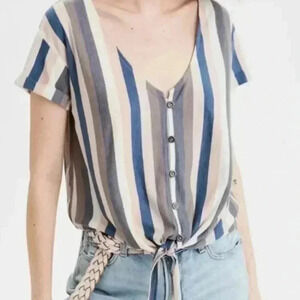 American Eagle Women's Stripped Shirt Sz M Roll Sleeve Tie Front